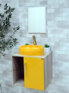 Yuvarlak Lavabolu Sarı Renk Banyo Dolabı Modeli